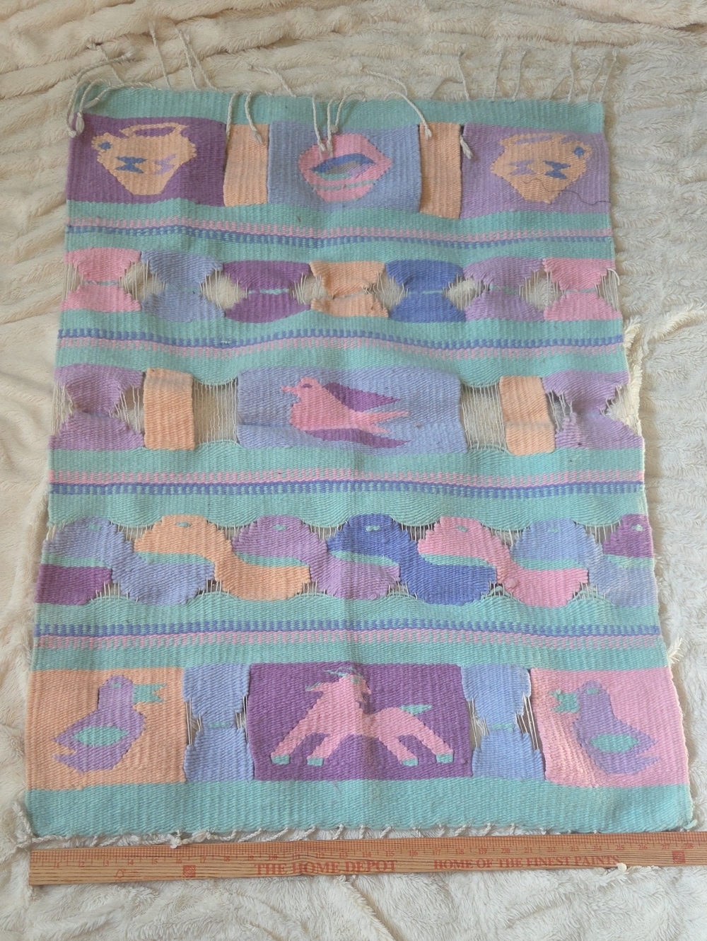 Vintage South American wall hanging, birds and pottery weaving, pastel textile f